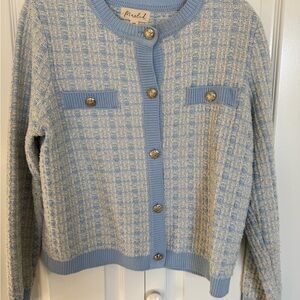 Blue and Ivory Checkered Women's Cardigan with Gold Buttons